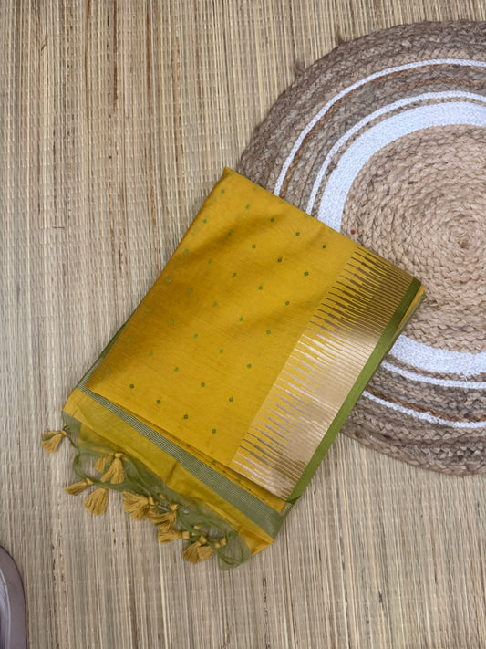 Banana Pith Saree – Mustard Yellow with Olive Green Zari Border