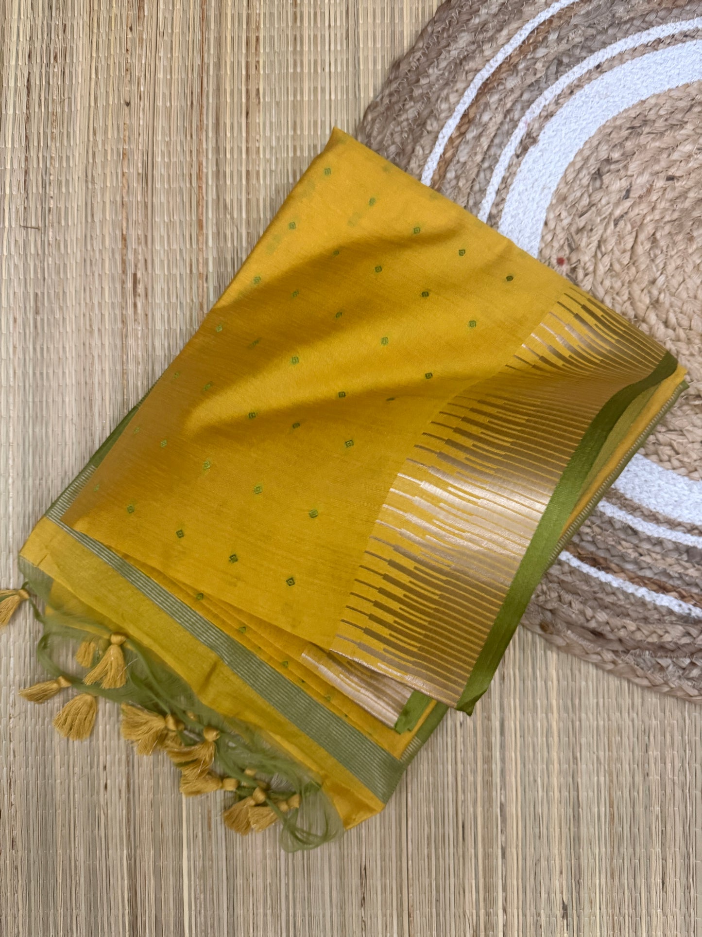 Banana Pith Saree – Mustard Yellow with Olive Green Zari Border