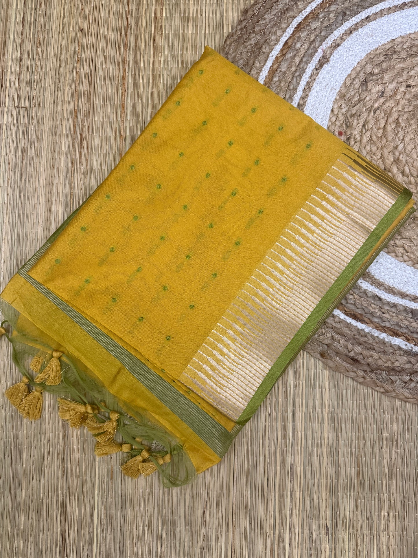 Banana Pith Saree – Mustard Yellow with Olive Green Zari Border