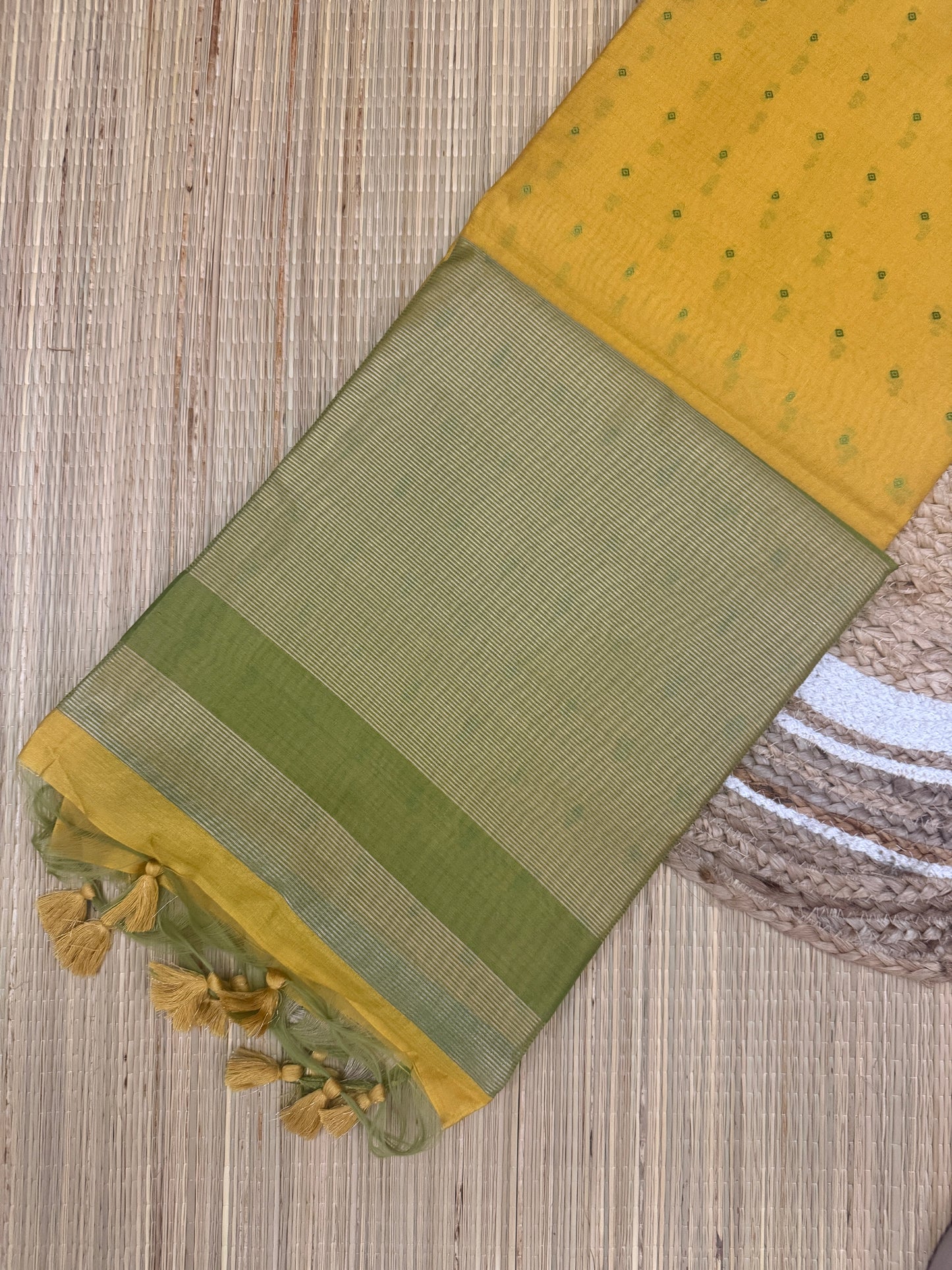 Banana Pith Saree – Mustard Yellow with Olive Green Zari Border
