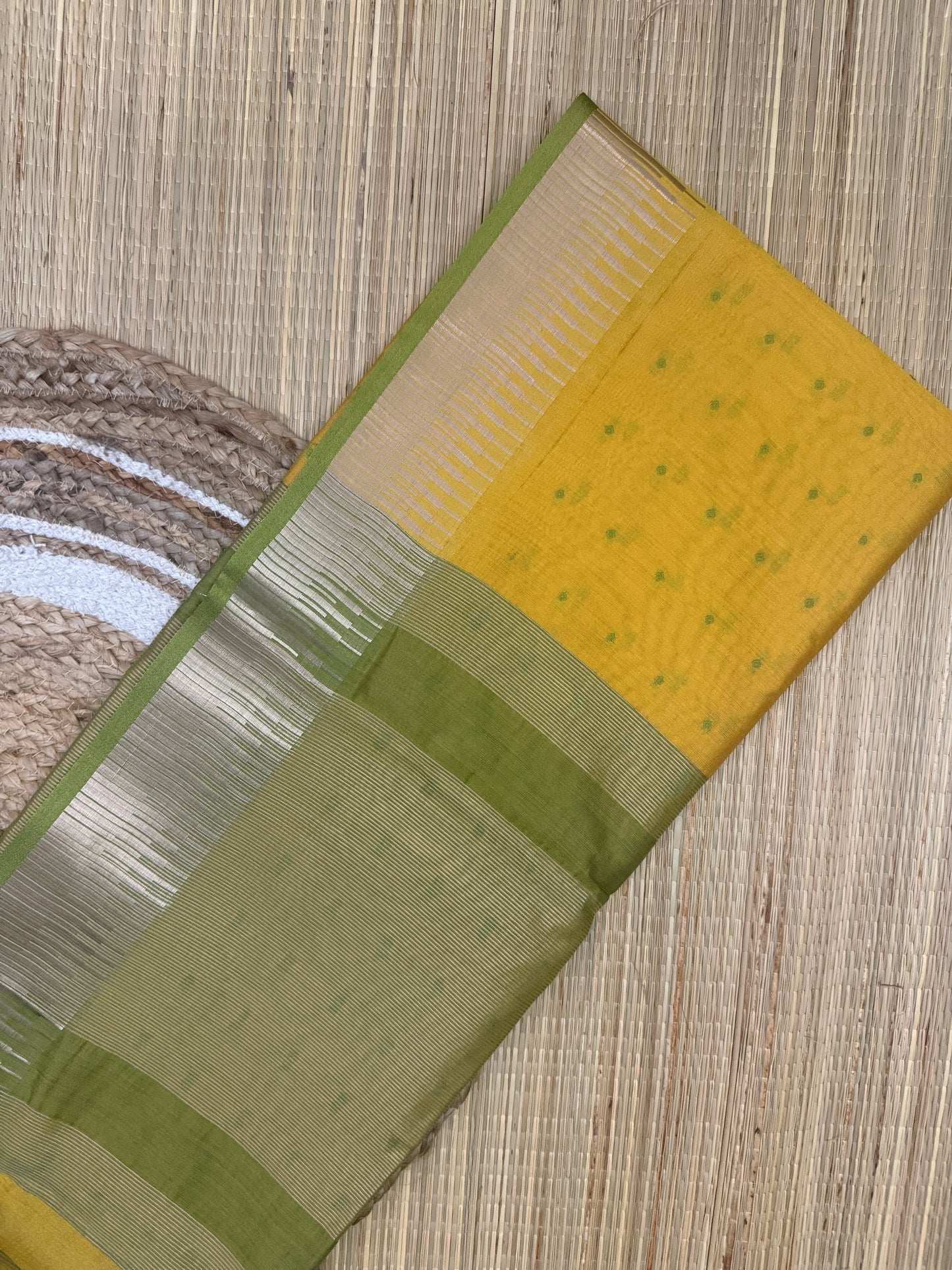 Banana Pith Saree – Mustard Yellow with Olive Green Zari Border