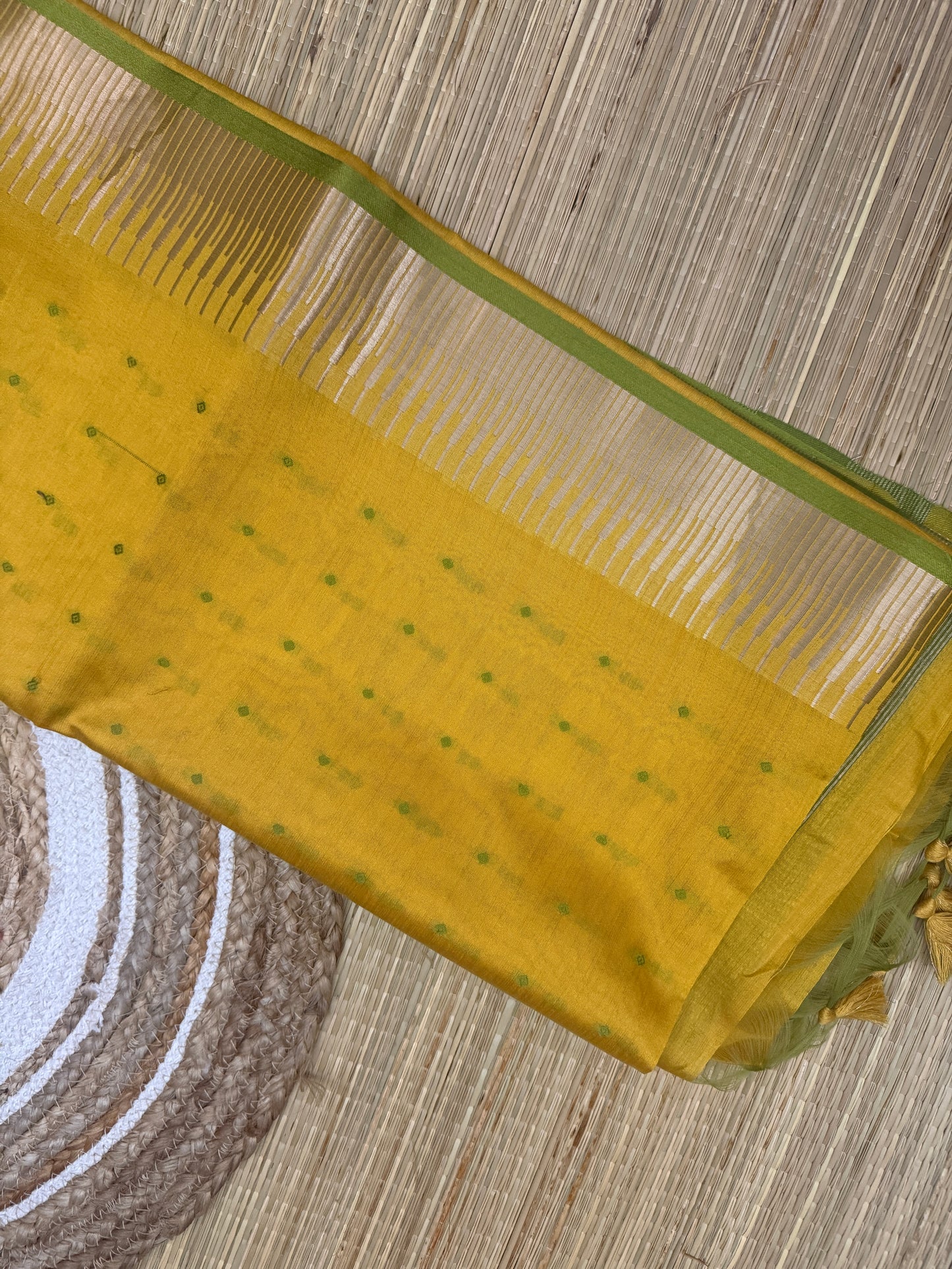 Banana Pith Saree – Mustard Yellow with Olive Green Zari Border