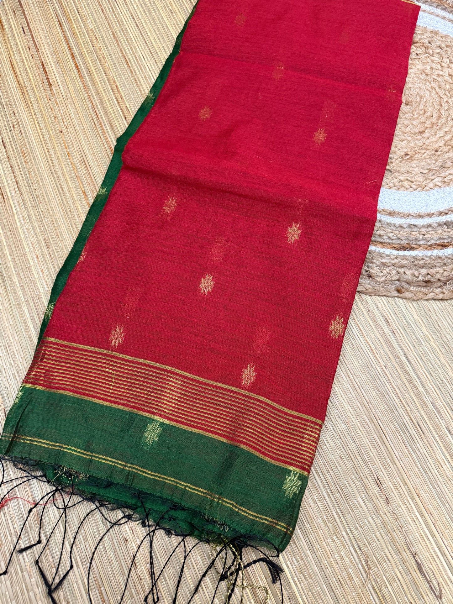 Tussar Silk Saree – Red & Green with Gold Zari Buttas