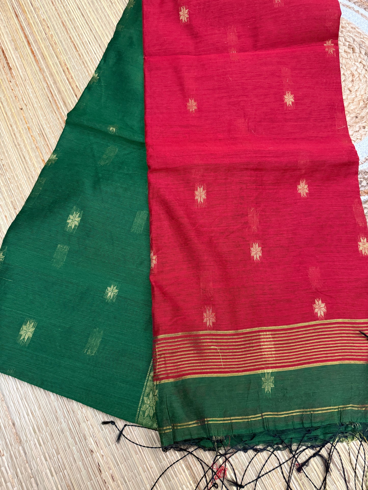 Tussar Silk Saree – Red & Green with Gold Zari Buttas