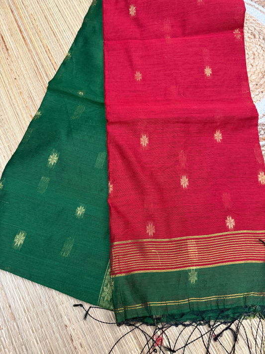 Tussar Silk Saree – Red & Green with Gold Zari Buttas