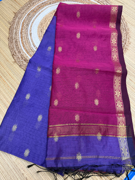 Maheshwari Silk Cotton Saree – Magenta & Royal Blue with Gold Zari Buttas