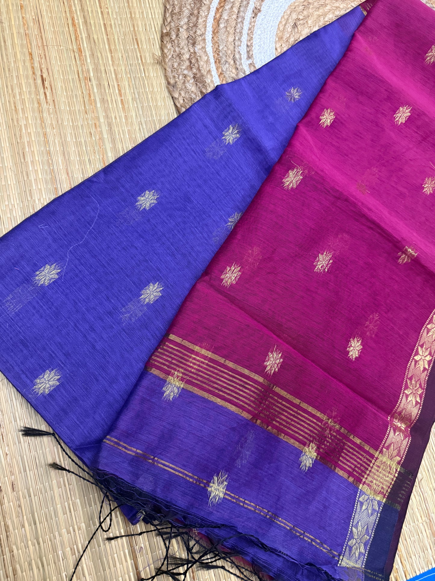 Maheshwari Silk Cotton Saree – Magenta & Royal Blue with Gold Zari Buttas