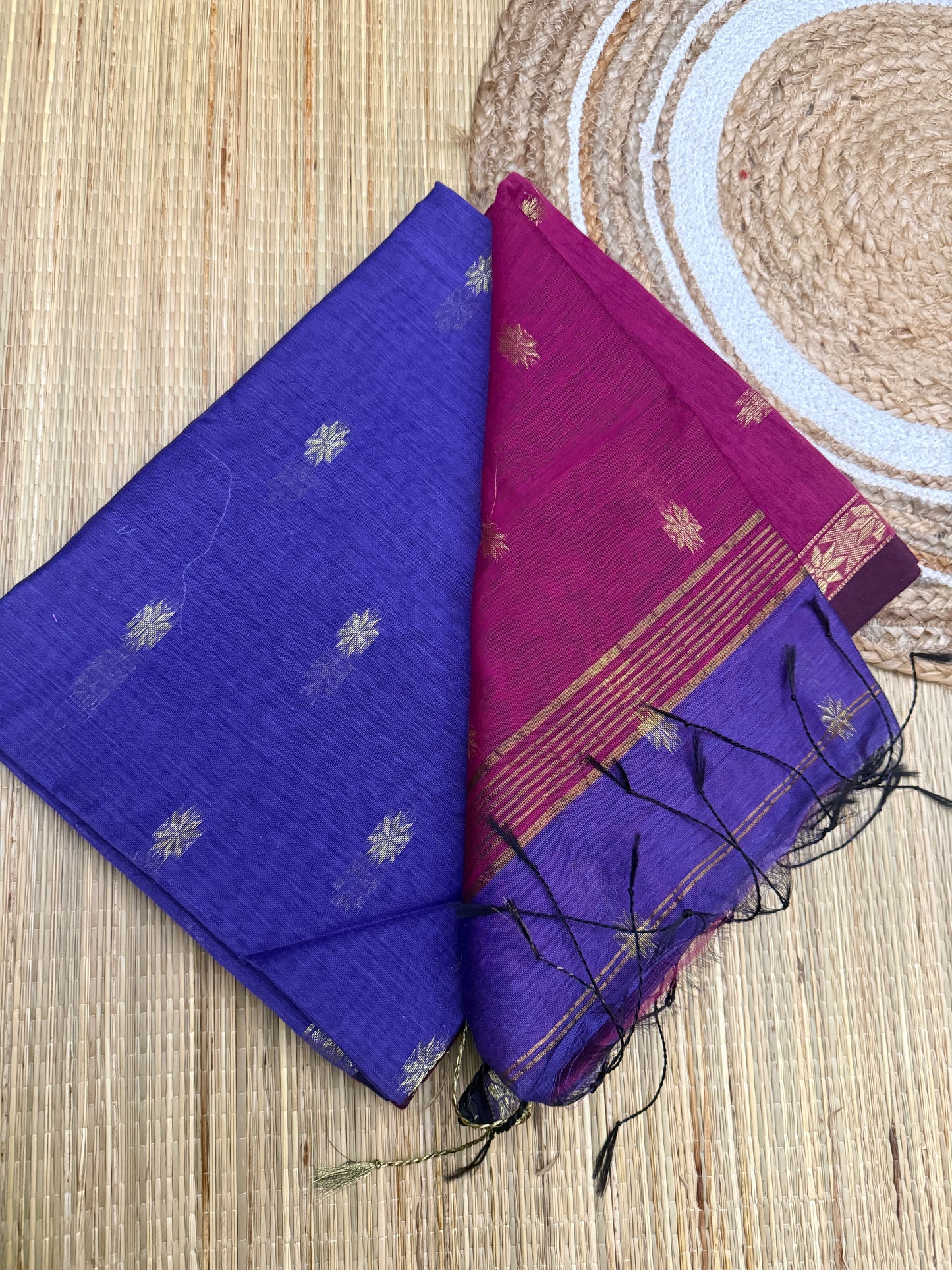 Maheshwari Silk Cotton Saree – Magenta & Royal Blue with Gold Zari Buttas