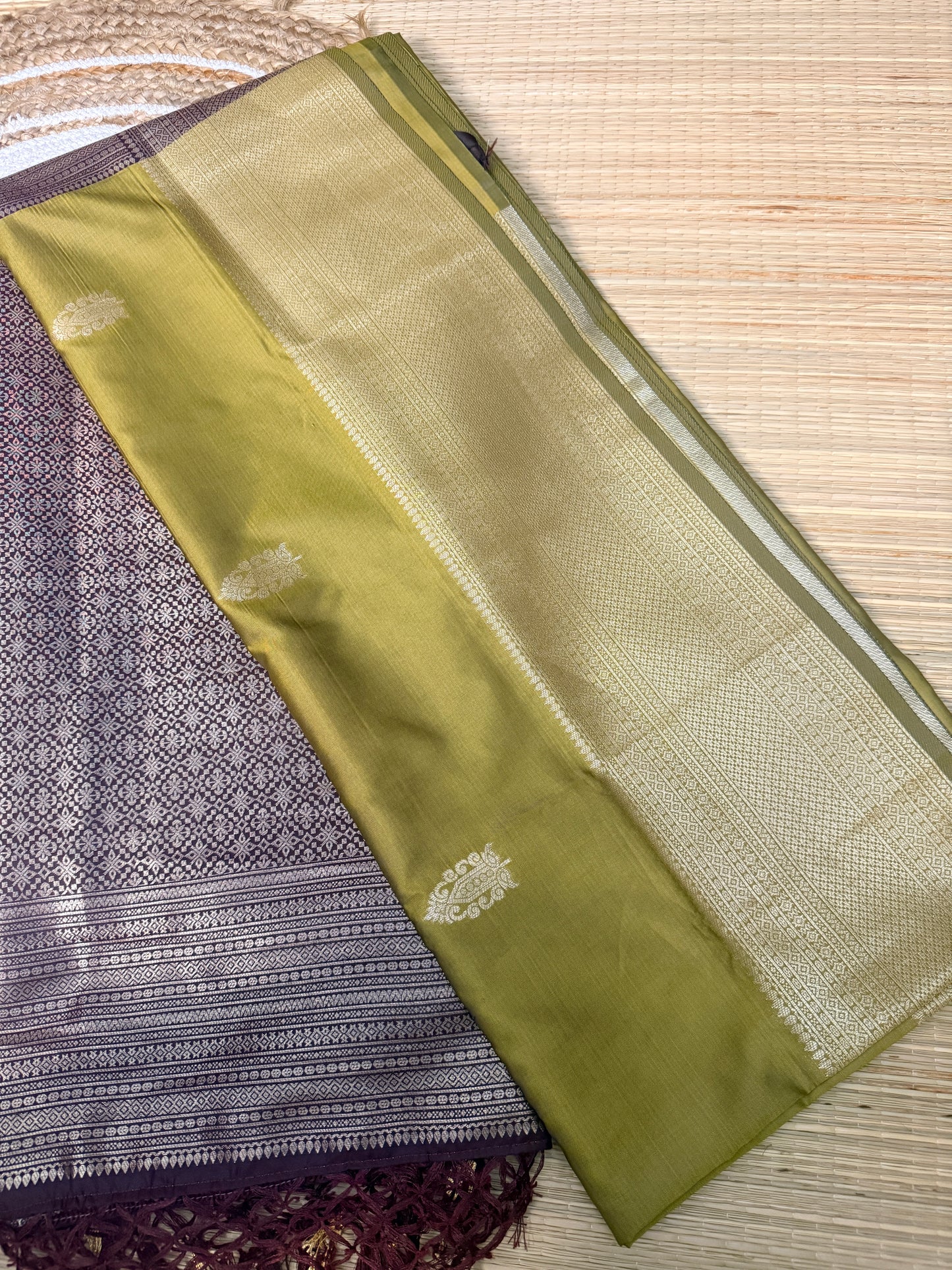 Olive Green Soft Silk Saree with Silver Zari Buttas & Wine Geometric Zari Pallu