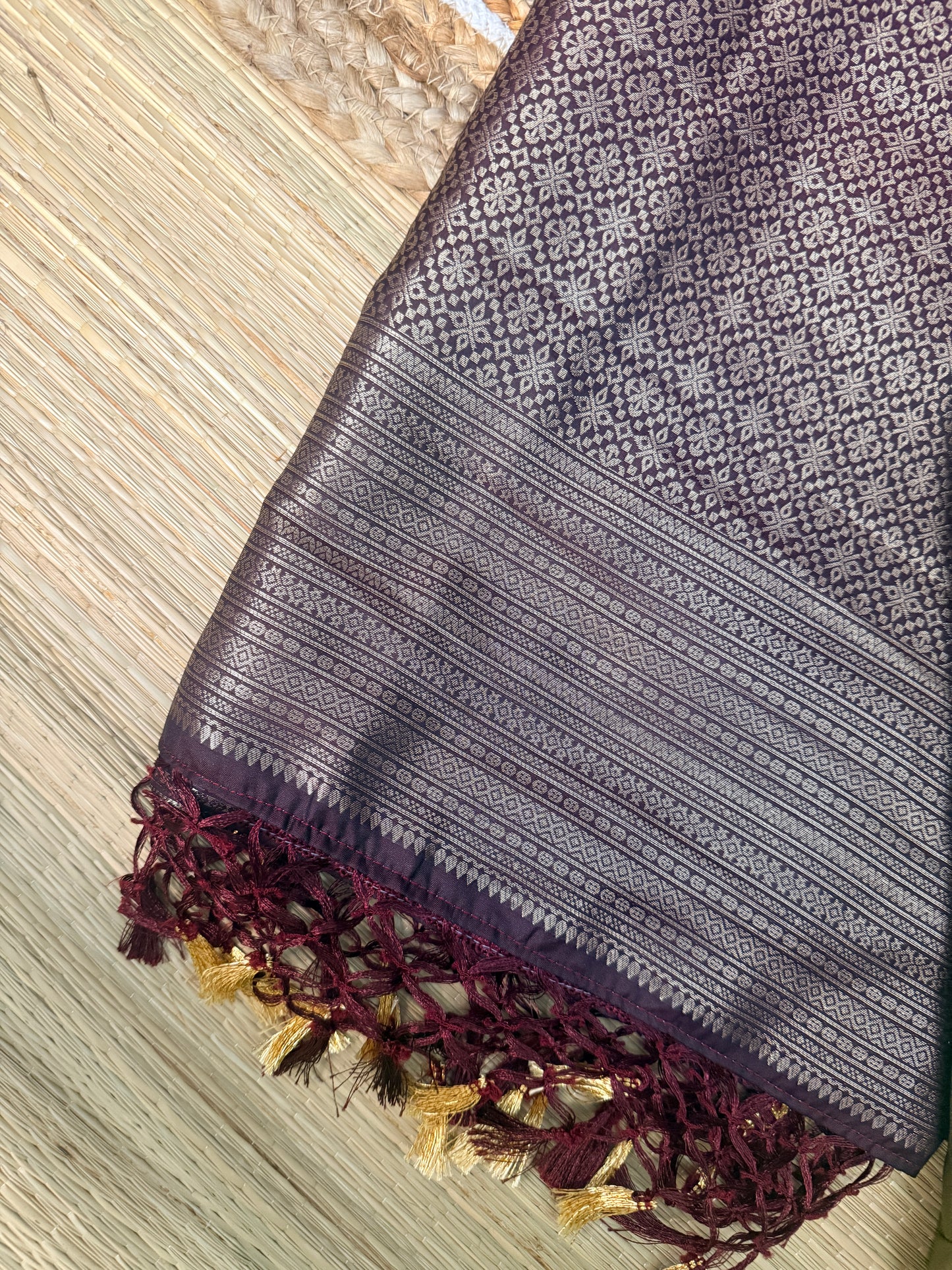 Olive Green Soft Silk Saree with Silver Zari Buttas & Wine Geometric Zari Pallu