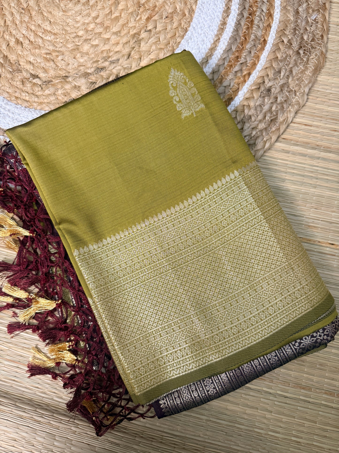 Olive Green Soft Silk Saree with Silver Zari Buttas & Wine Geometric Zari Pallu