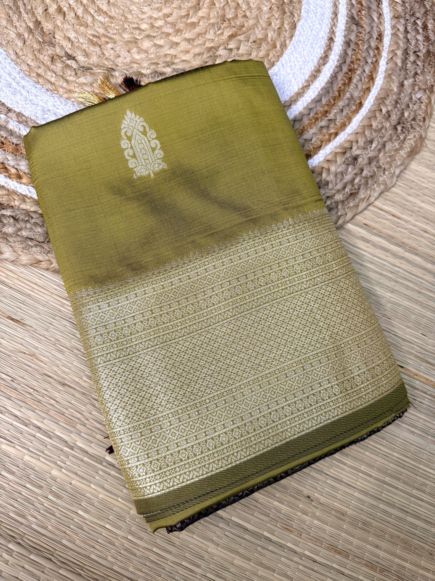 Olive Green Soft Silk Saree with Silver Zari Buttas & Wine Geometric Zari Pallu