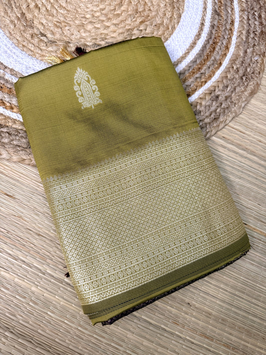 Olive Green Soft Silk Saree with Silver Zari Buttas & Wine Geometric Zari Pallu