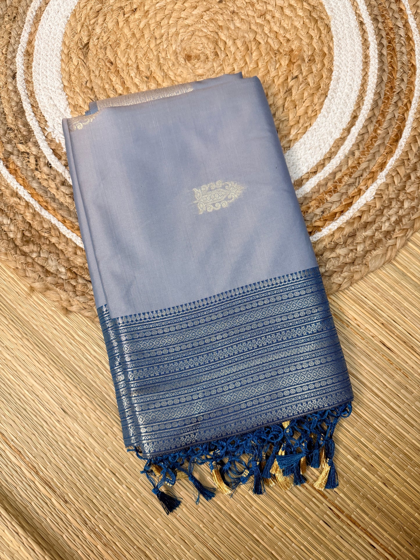 Lavender Soft Silk Saree with Gold Zari Temple Buttas & Navy Stripe Zari Pallu