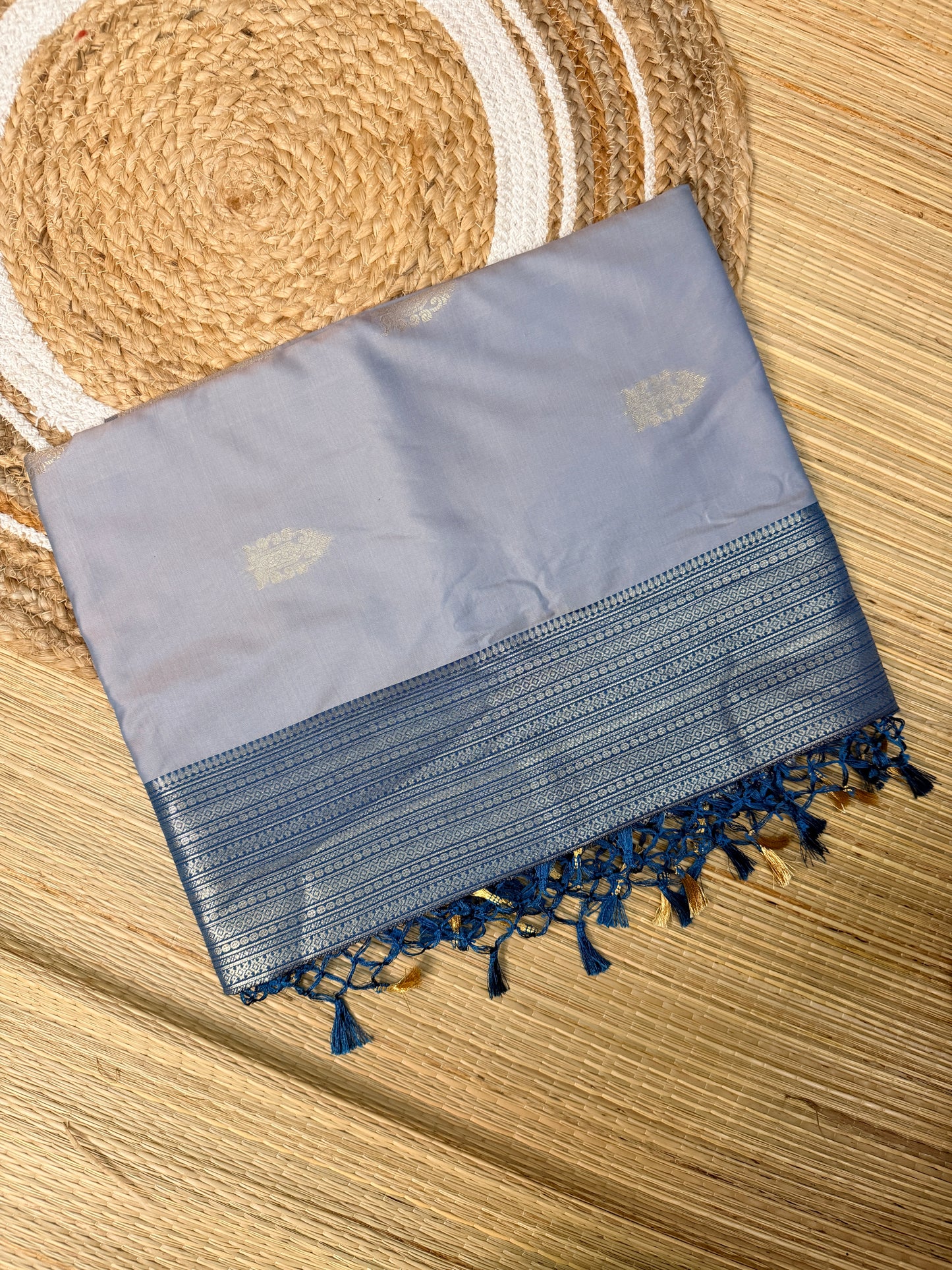 Lavender Soft Silk Saree with Gold Zari Temple Buttas & Navy Stripe Zari Pallu