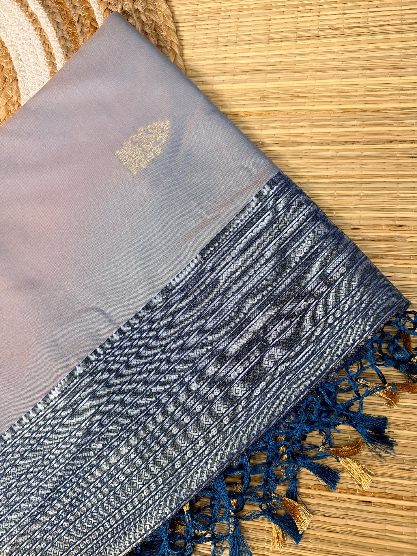 Lavender Soft Silk Saree with Gold Zari Temple Buttas & Navy Stripe Zari Pallu