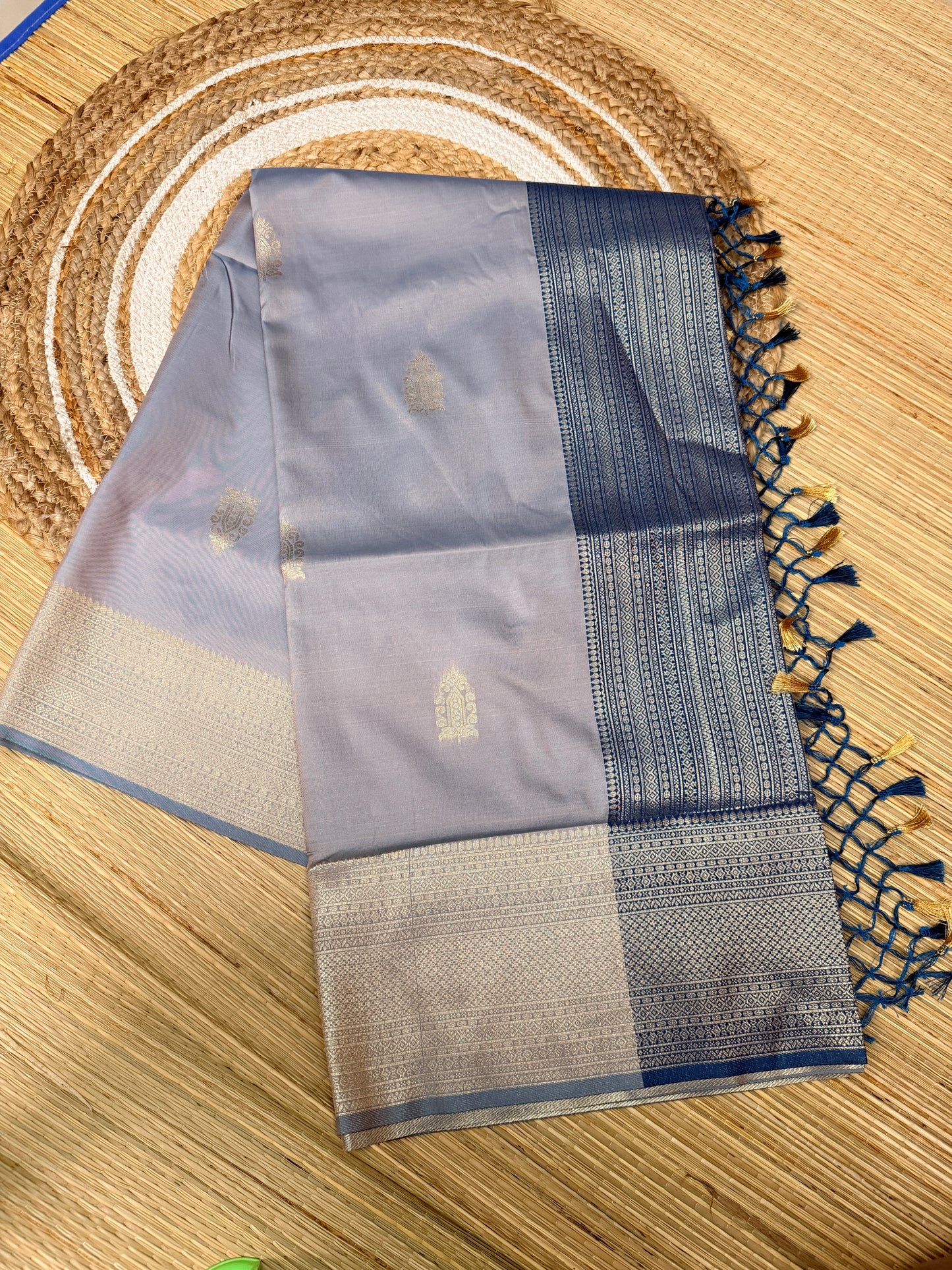 Lavender Soft Silk Saree with Gold Zari Temple Buttas & Navy Stripe Zari Pallu