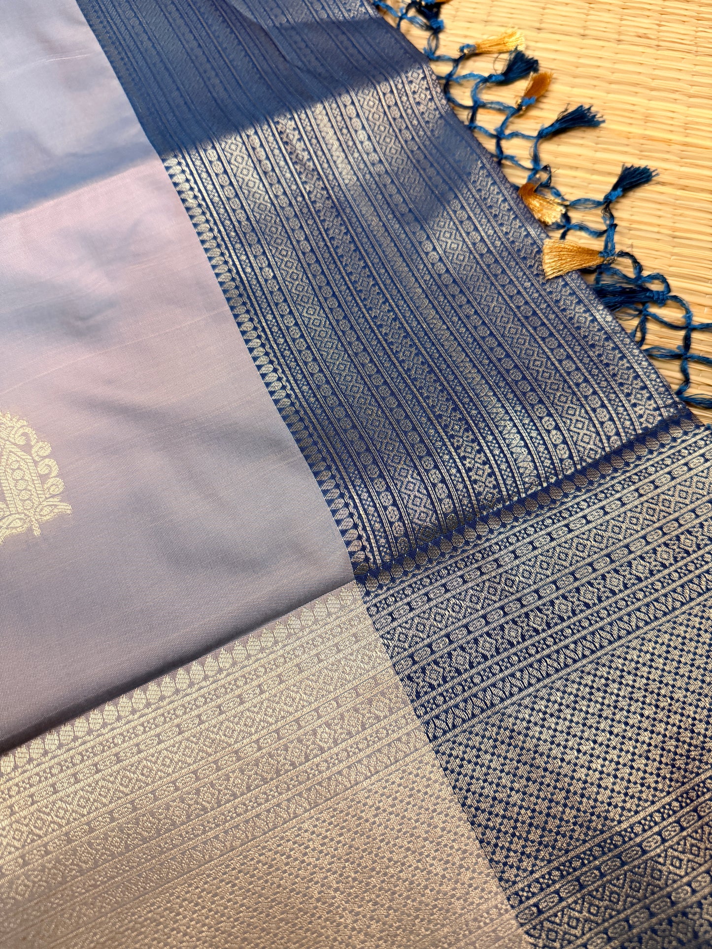 Lavender Soft Silk Saree with Gold Zari Temple Buttas & Navy Stripe Zari Pallu