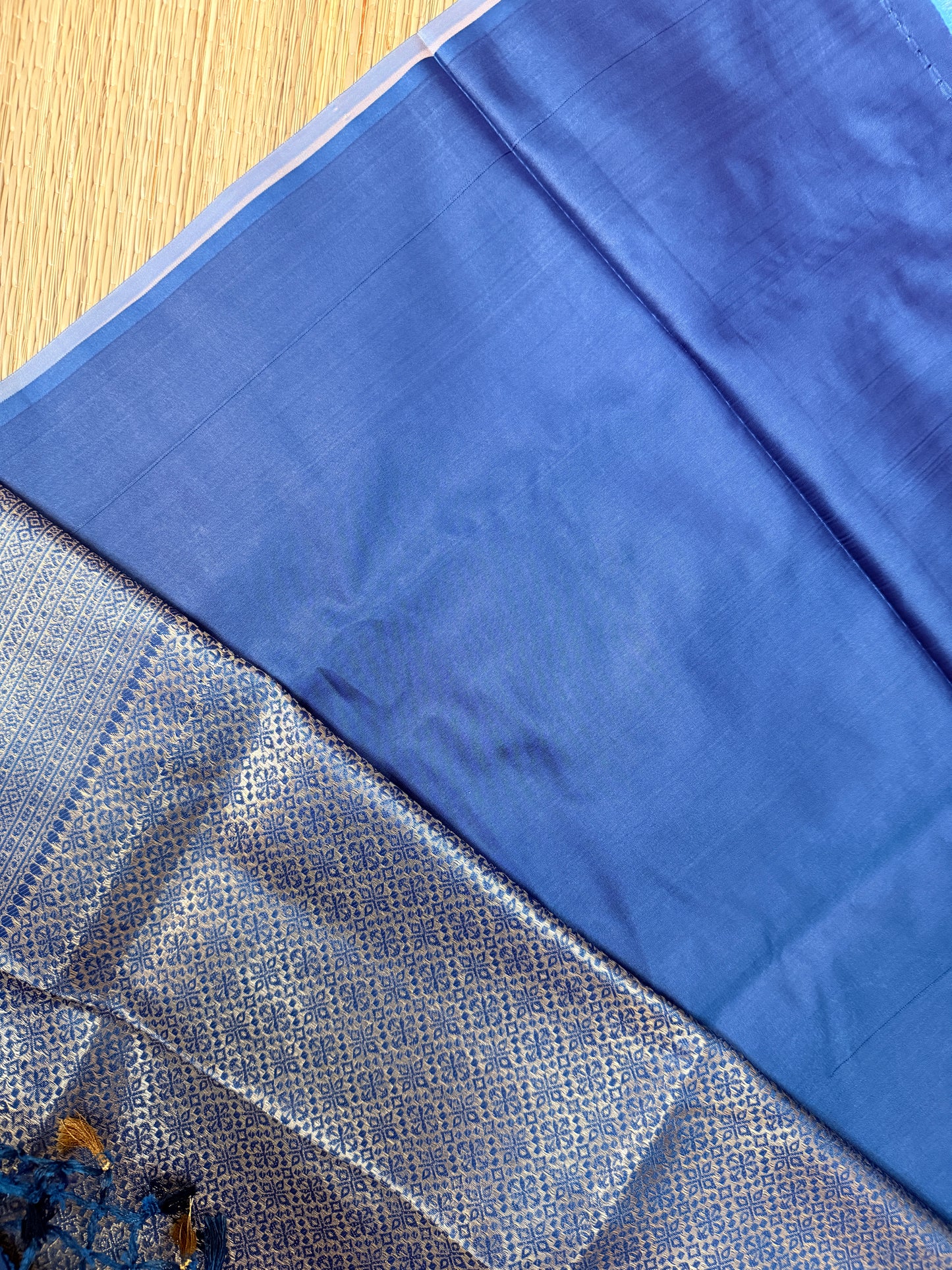 Lavender Soft Silk Saree with Gold Zari Temple Buttas & Navy Stripe Zari Pallu