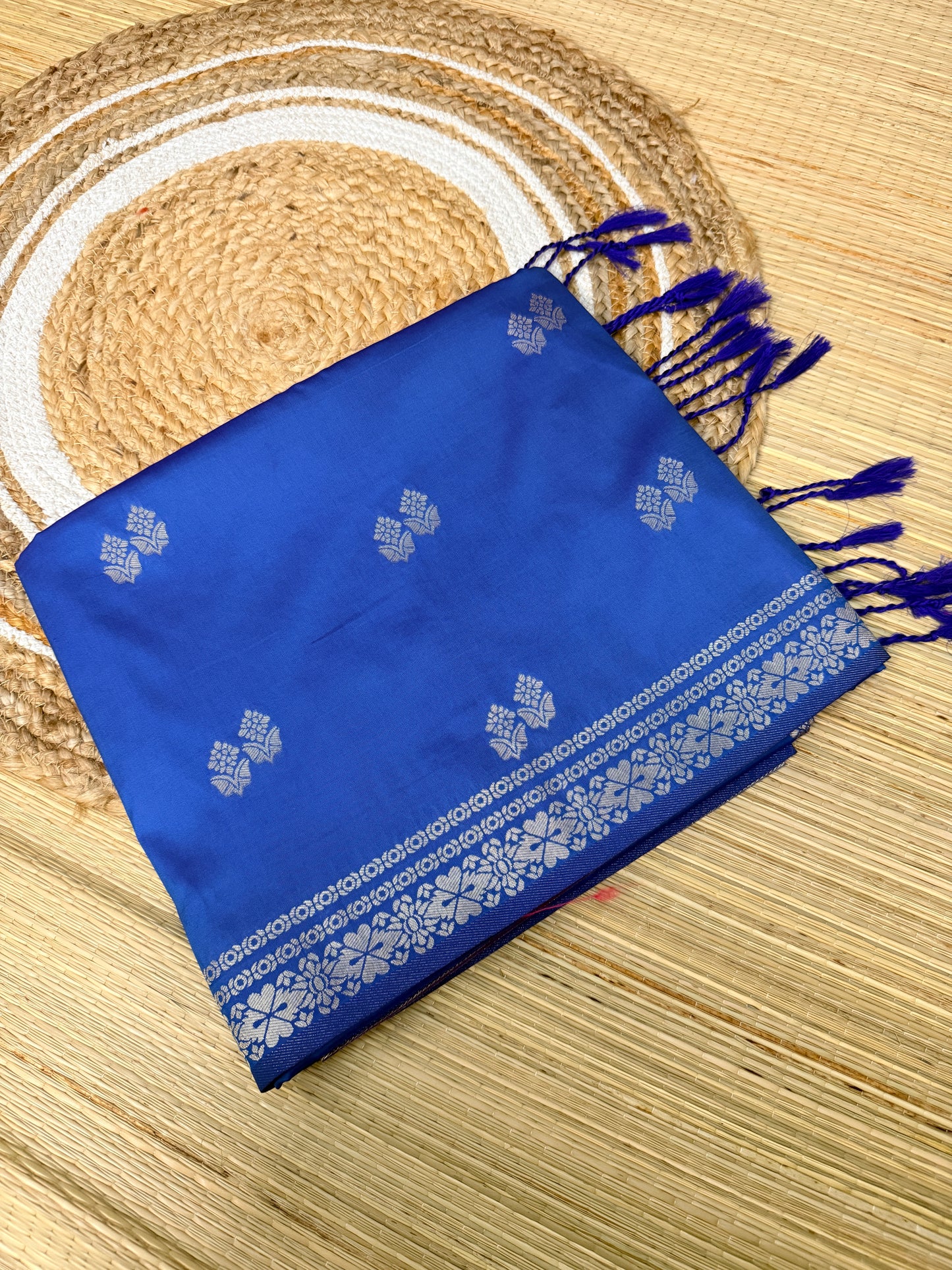 Royal Blue & Magenta Soft Silk Saree with Silver Zari Floral Buttas