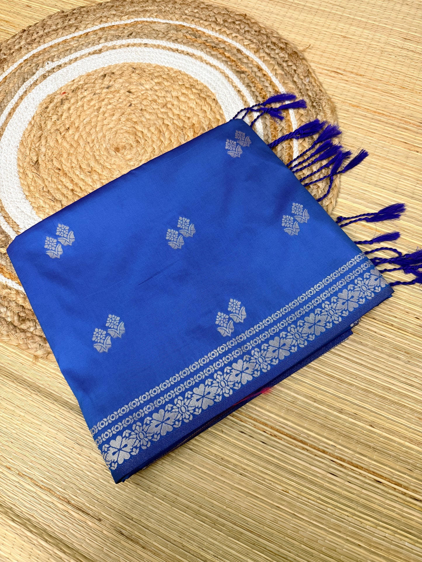 Royal Blue & Magenta Soft Silk Saree with Silver Zari Floral Buttas
