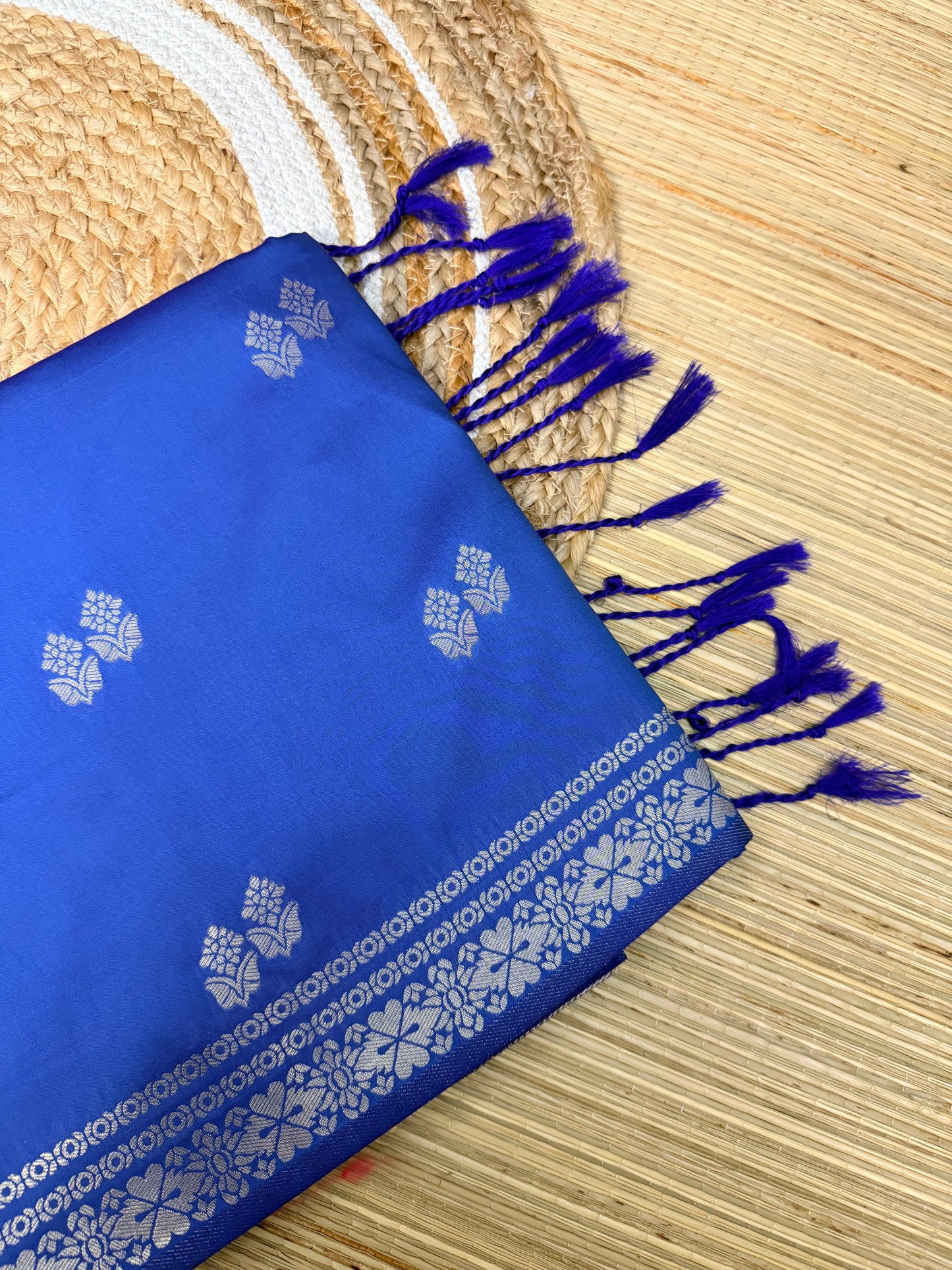 Royal Blue & Magenta Soft Silk Saree with Silver Zari Floral Buttas