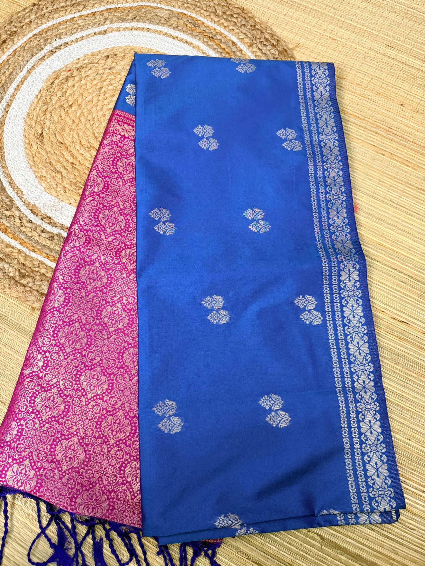 Royal Blue & Magenta Soft Silk Saree with Silver Zari Floral Buttas