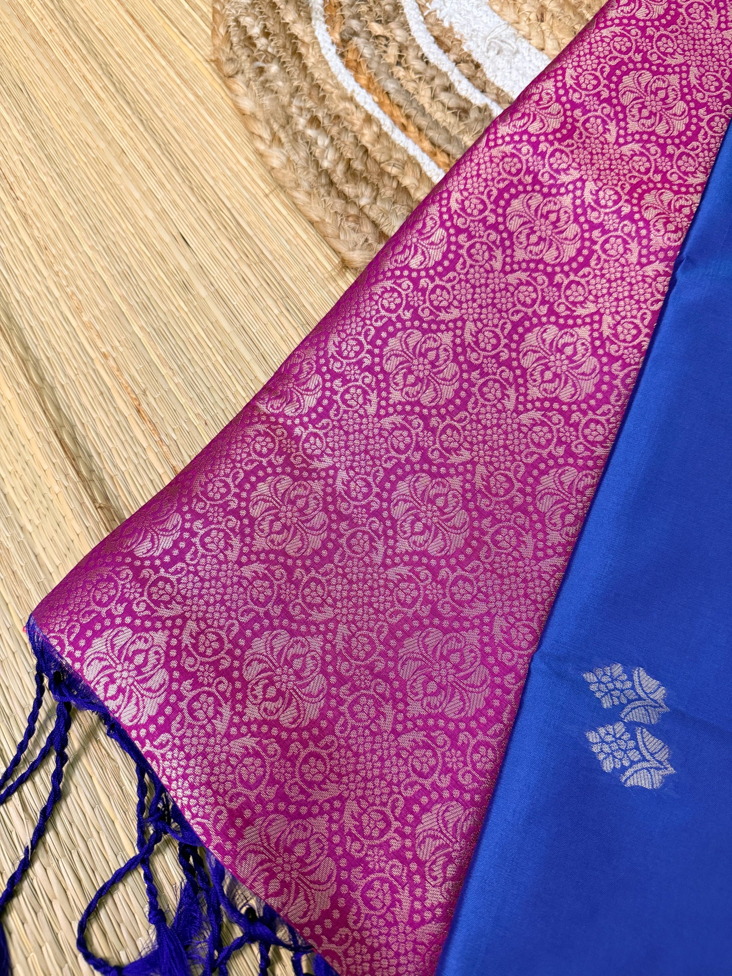 Royal Blue & Magenta Soft Silk Saree with Silver Zari Floral Buttas