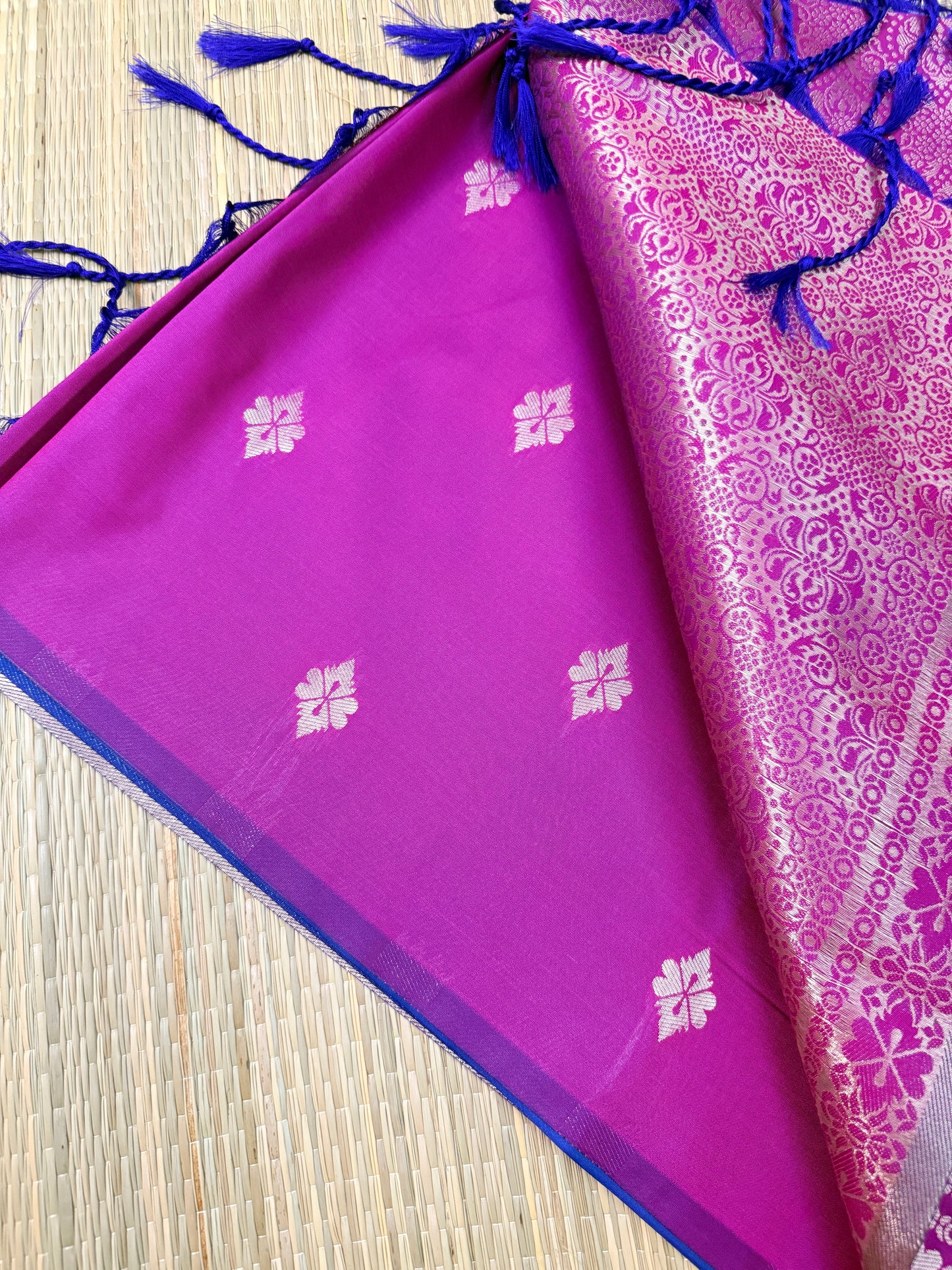 Royal Blue & Magenta Soft Silk Saree with Silver Zari Floral Buttas