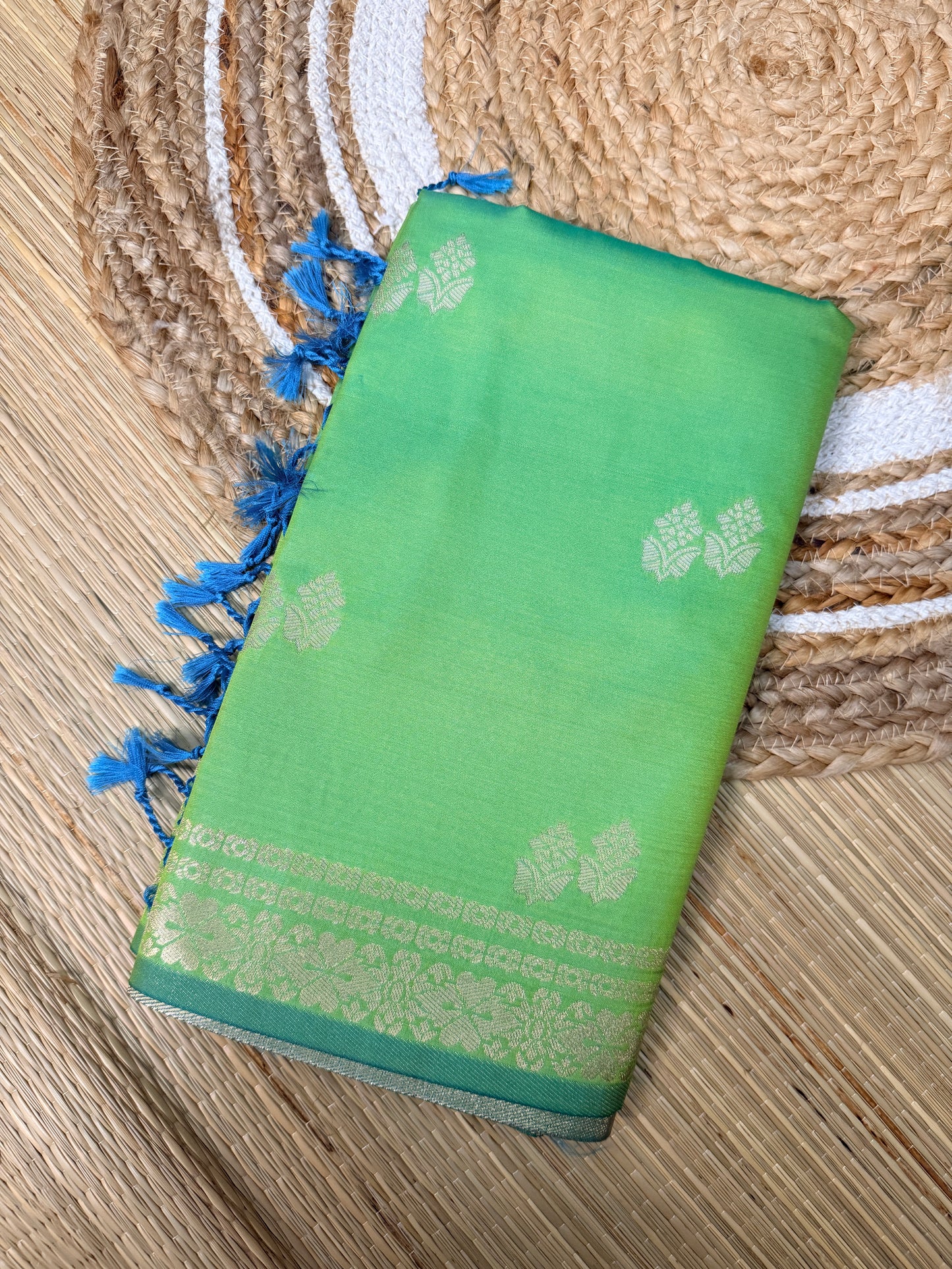 Parrot Green & Cerulean Blue  Soft Silk Saree with Silver Zari Jaal Pallu