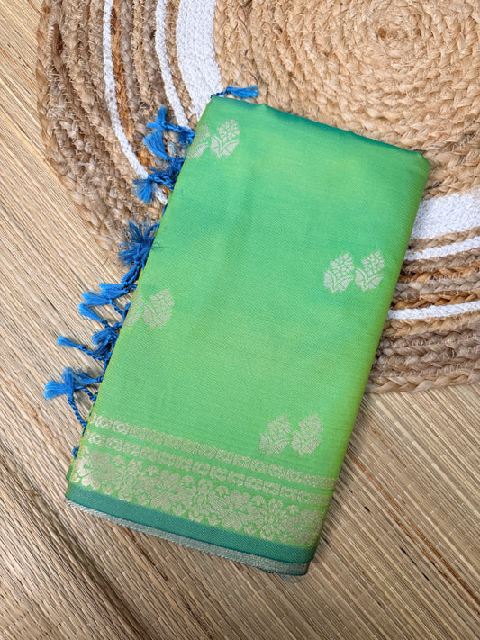 Parrot Green & Cerulean Blue  Soft Silk Saree with Silver Zari Jaal Pallu