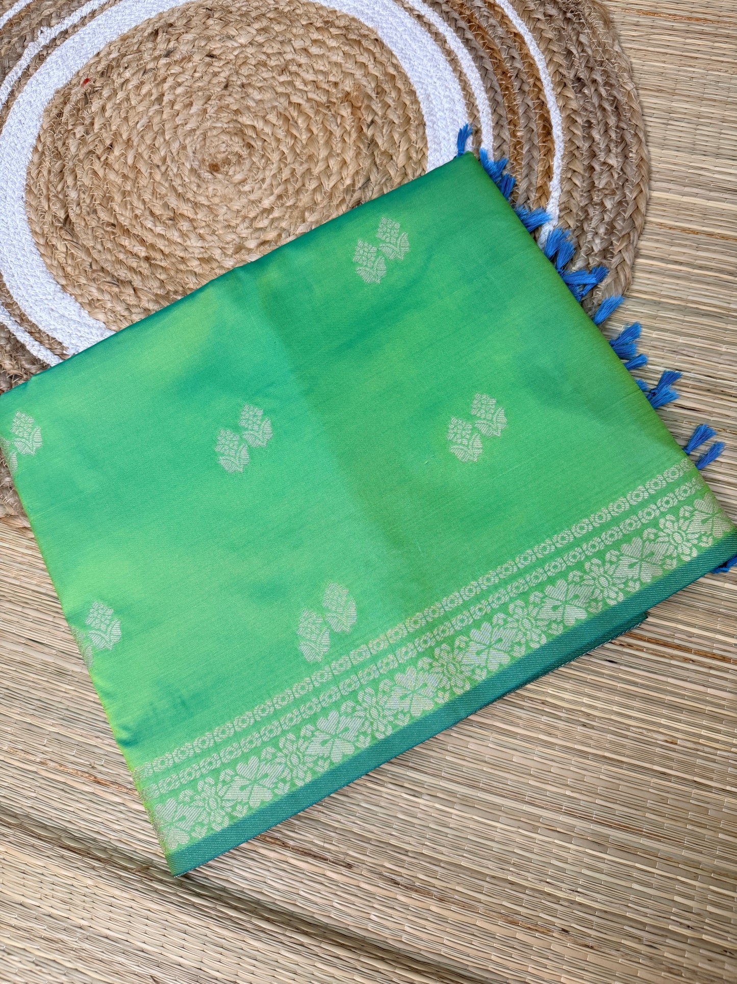 Parrot Green & Cerulean Blue  Soft Silk Saree with Silver Zari Jaal Pallu