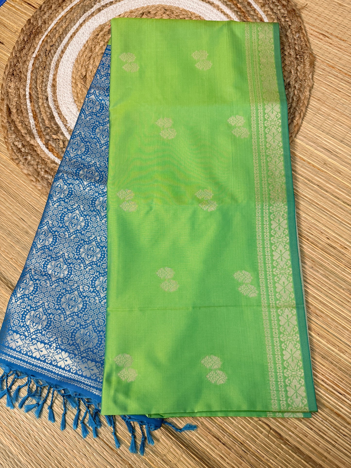Parrot Green & Cerulean Blue  Soft Silk Saree with Silver Zari Jaal Pallu