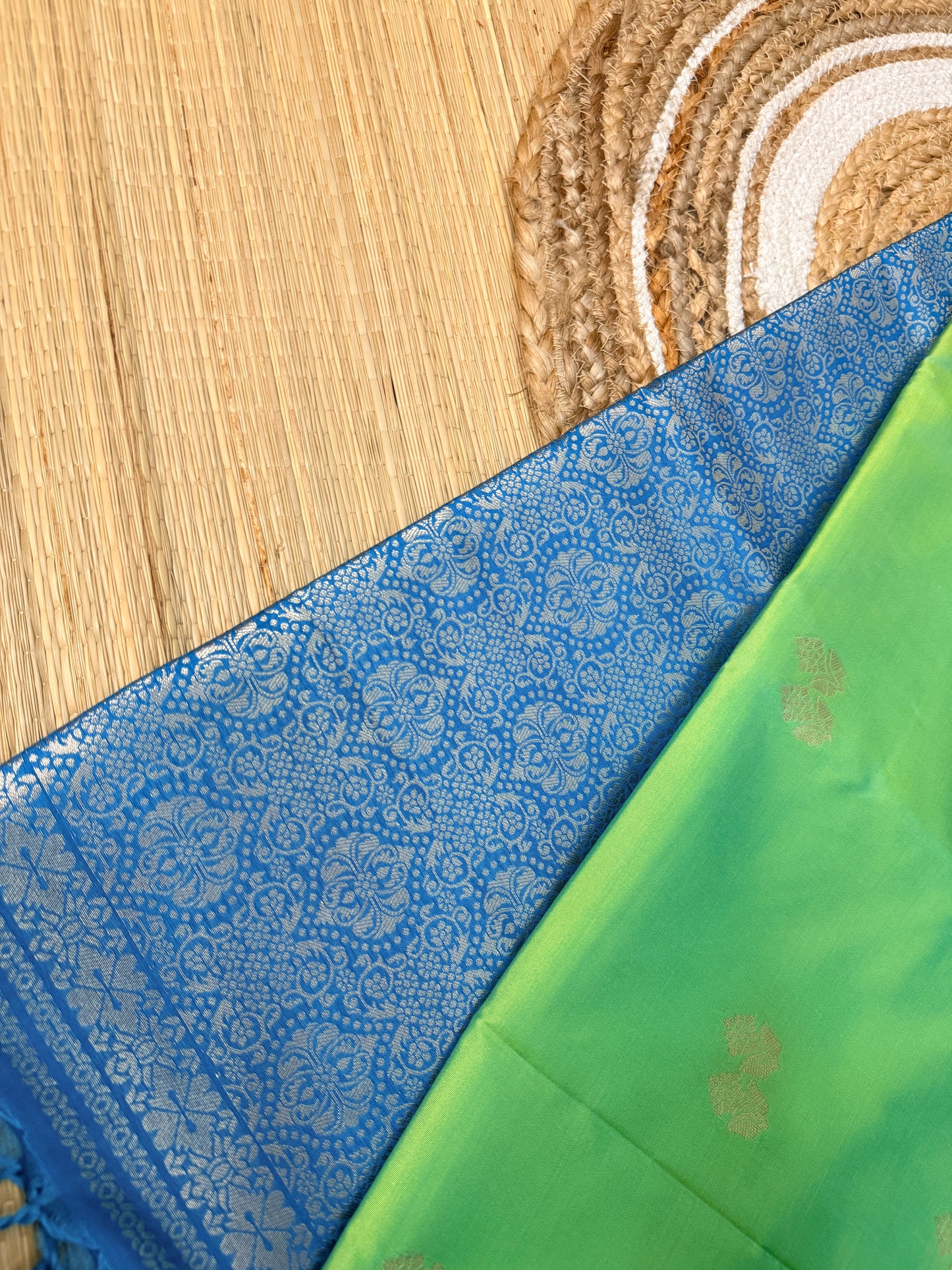 Parrot Green & Cerulean Blue  Soft Silk Saree with Silver Zari Jaal Pallu