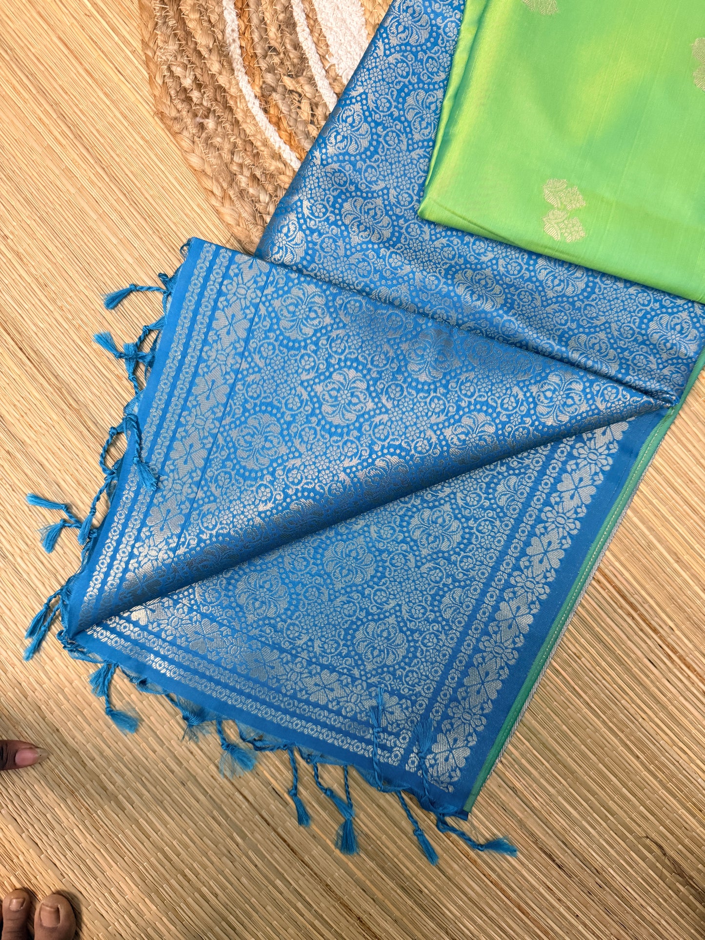Parrot Green & Cerulean Blue  Soft Silk Saree with Silver Zari Jaal Pallu