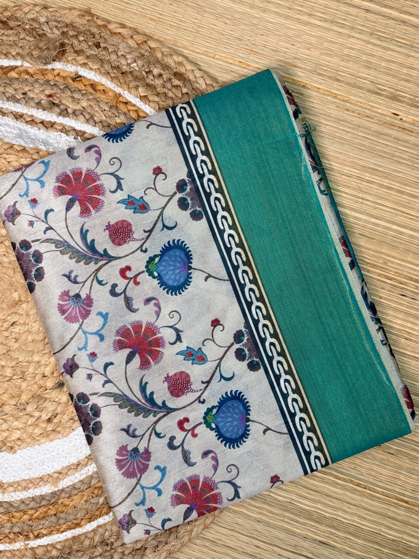 Ivory Tussar Polyester Mix Saree with Floral Print & Teal Border
