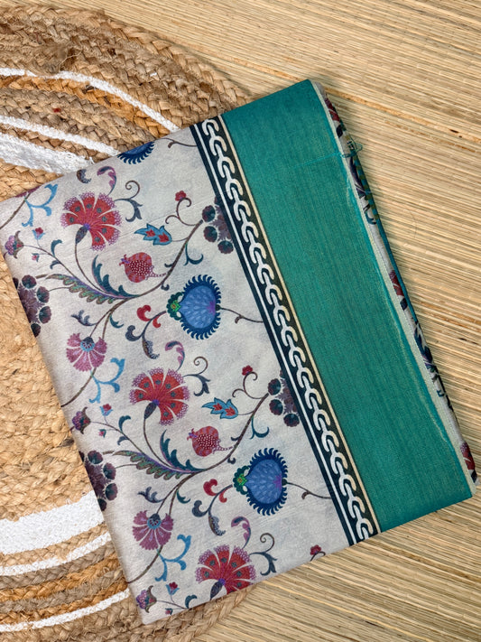Ivory Tussar Polyester Mix Saree with Floral Print & Teal Border