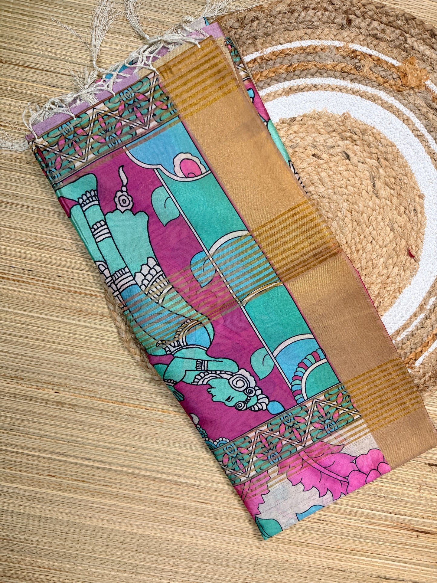 Off white Tussar Polyester Mix Saree with Bold Floral Print & Gold Border