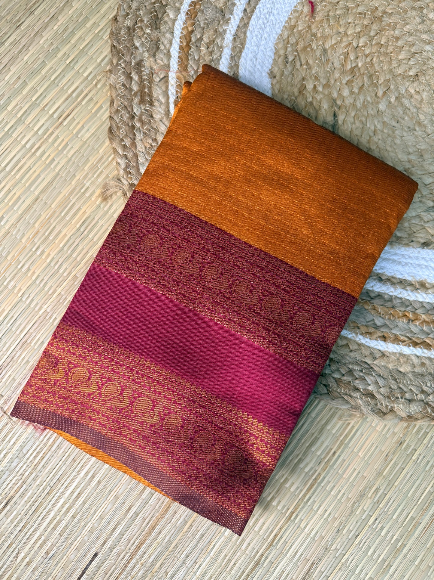 Mustard & Magenta Silk Saree with Zari Border