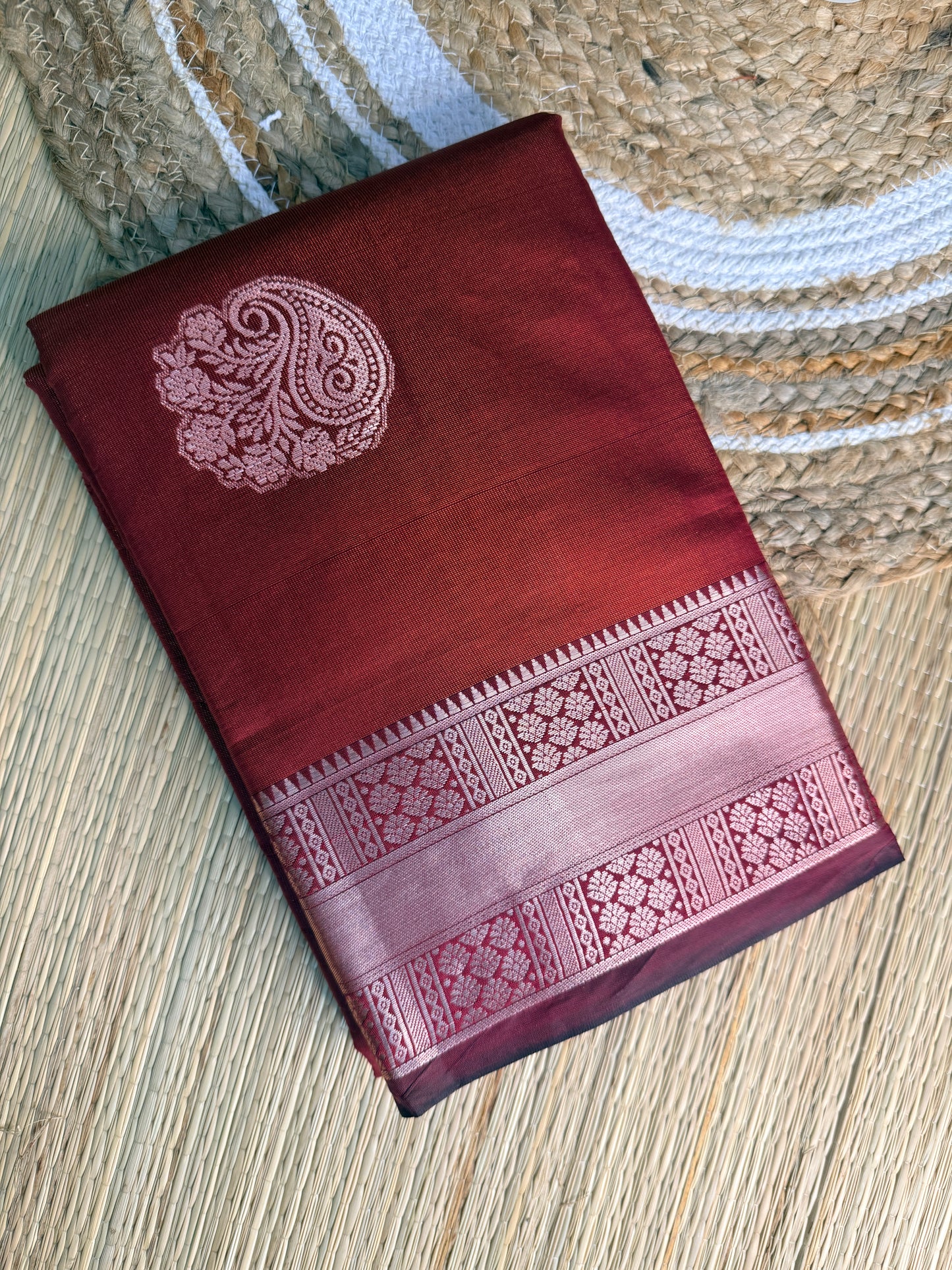 Deep Red Silk Saree with Gold Paisley Buttas & Zari Border