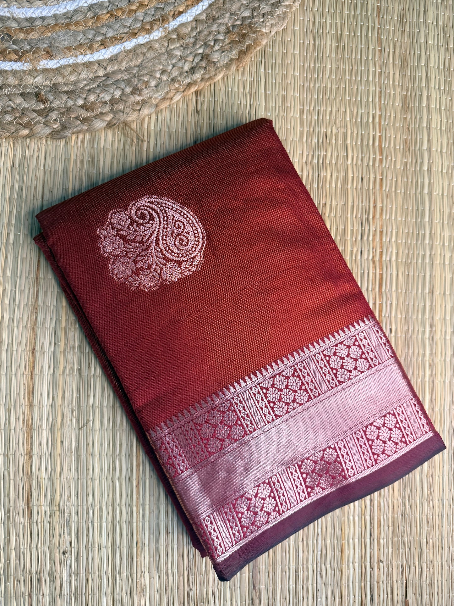 Deep Red Silk Saree with Gold Paisley Buttas & Zari Border