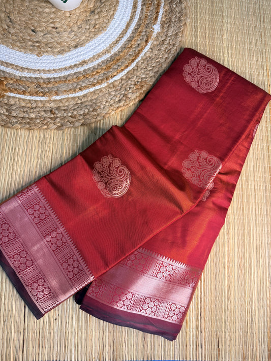Deep Red Silk Saree with Gold Paisley Buttas & Zari Border