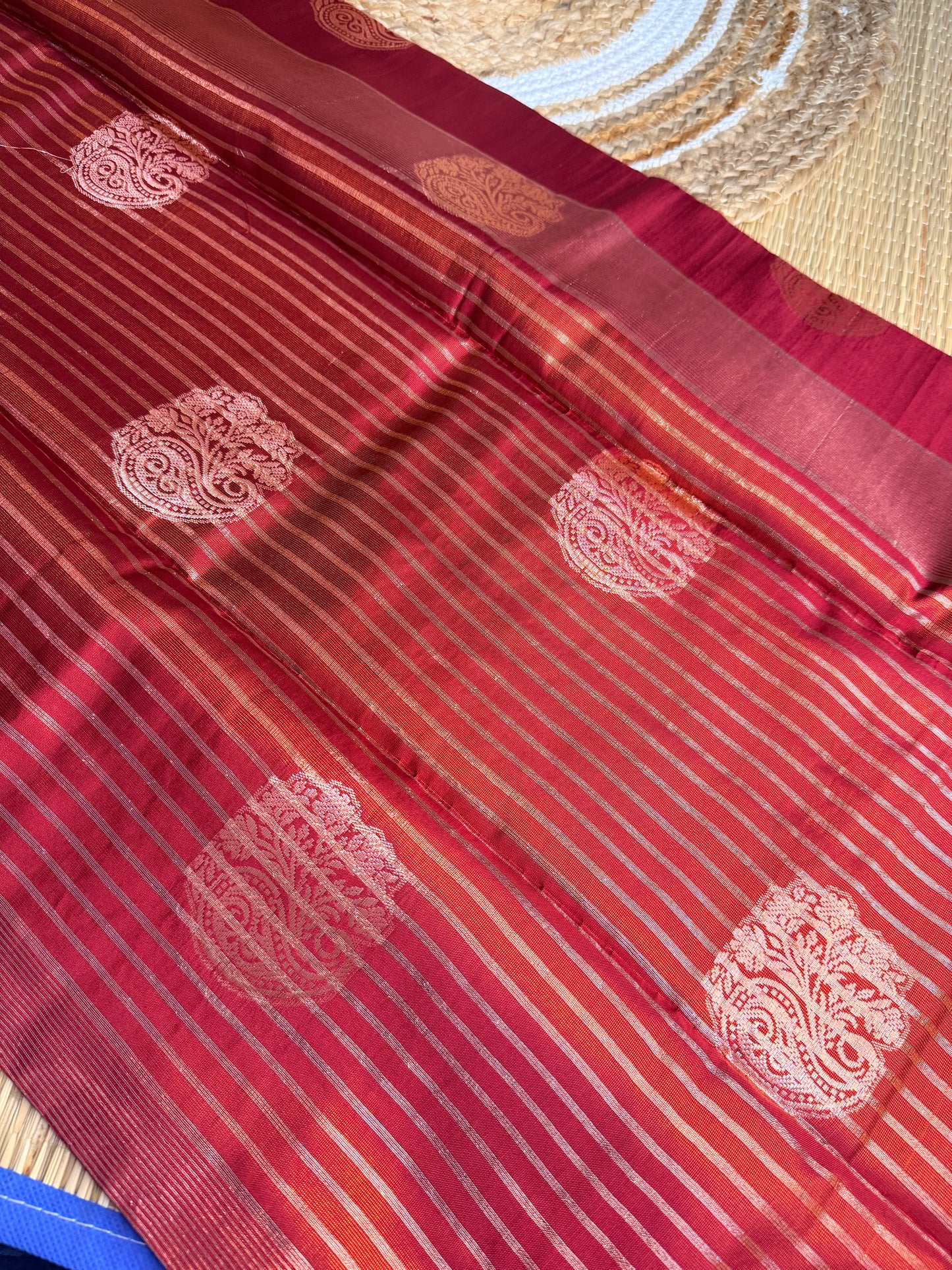 Deep Red Silk Saree with Gold Paisley Buttas & Zari Border