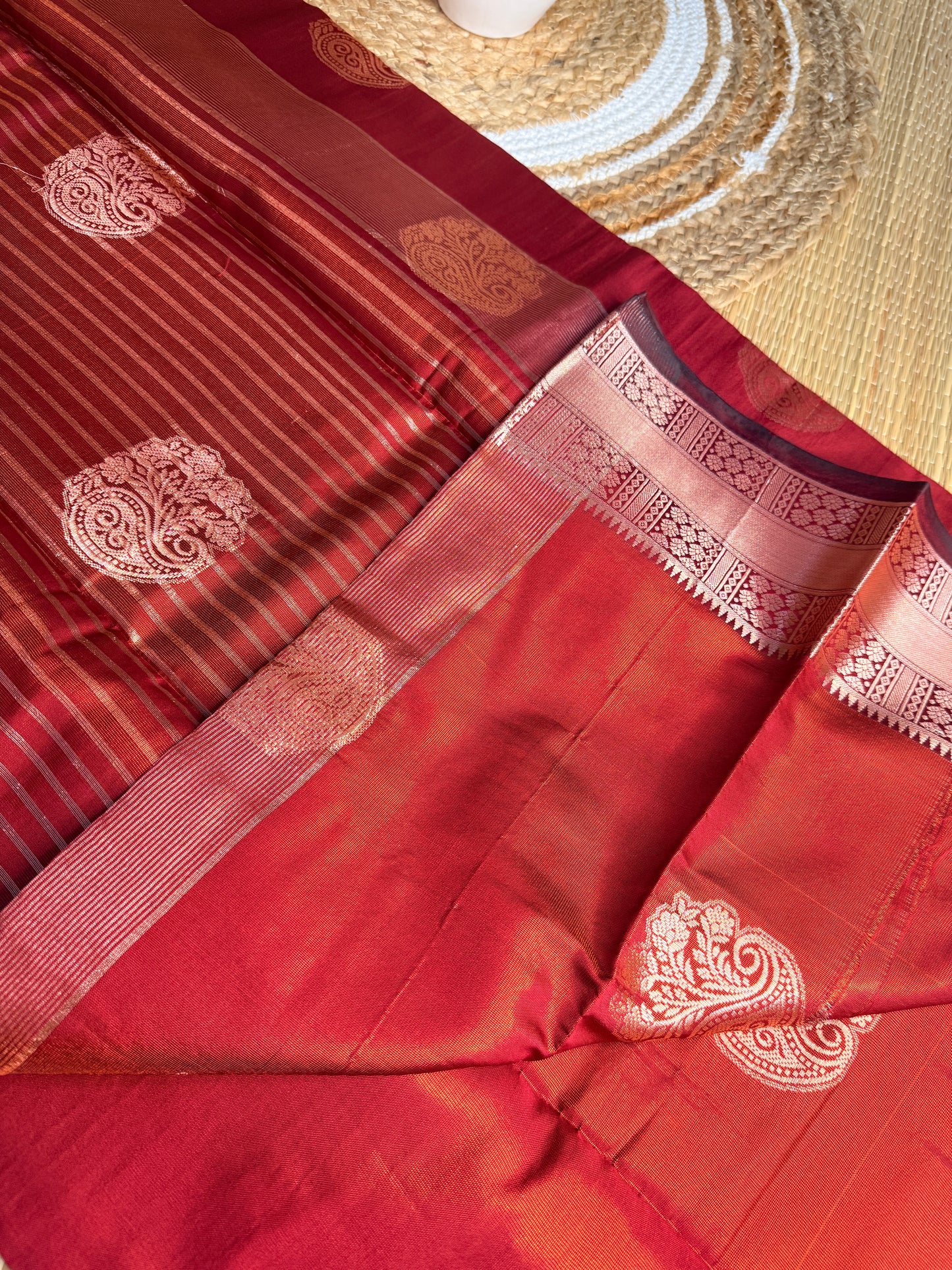 Deep Red Silk Saree with Gold Paisley Buttas & Zari Border