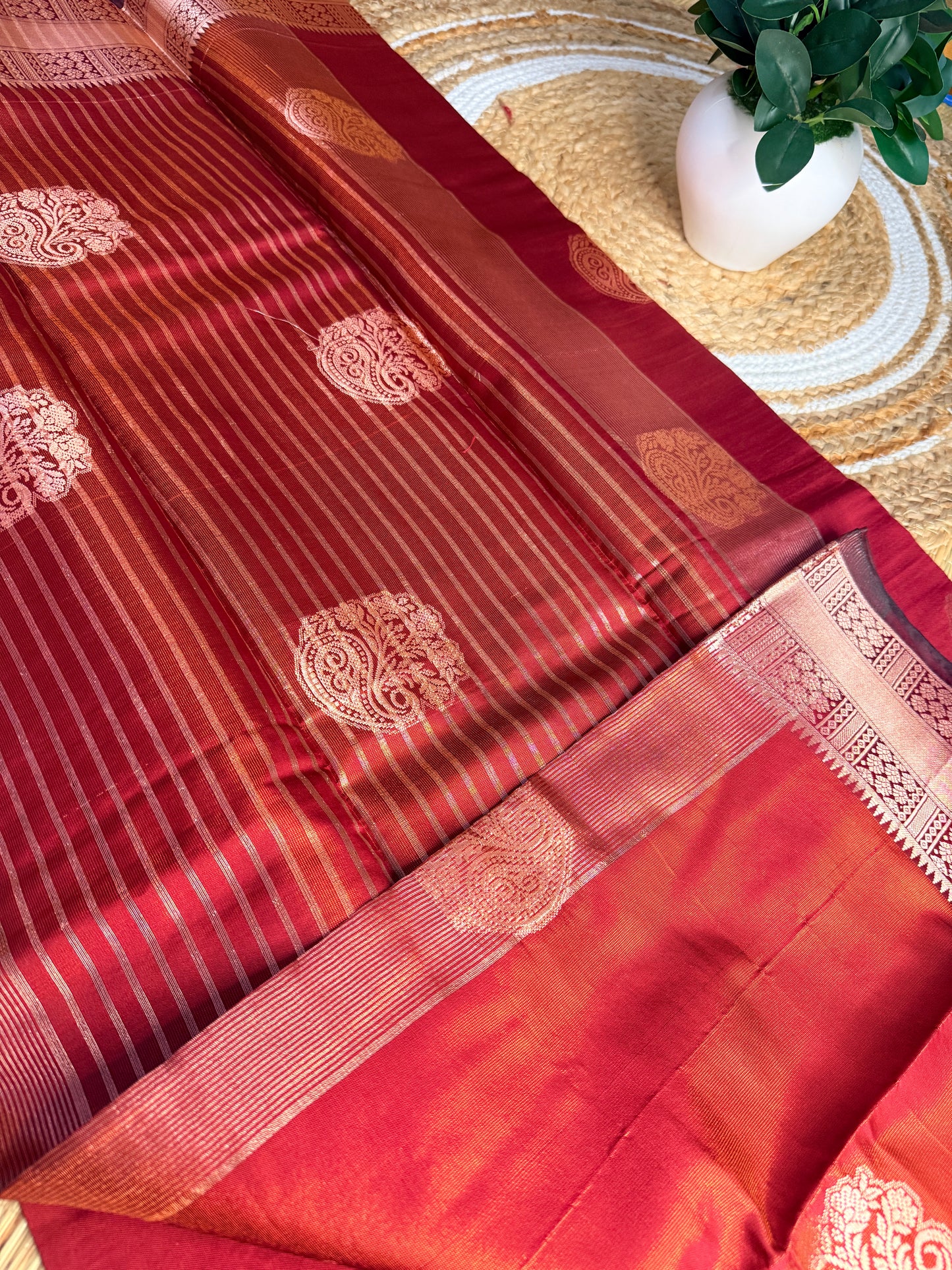 Deep Red Silk Saree with Gold Paisley Buttas & Zari Border