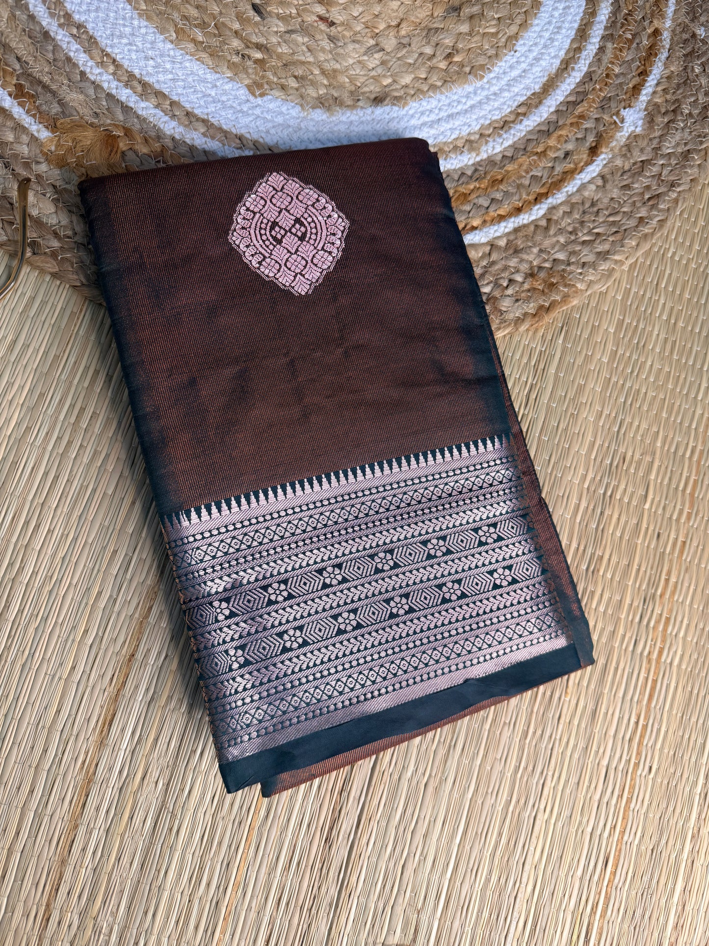 Dark Brown & Teal Silk Saree with Silver Zari Border & Geometric Buttas