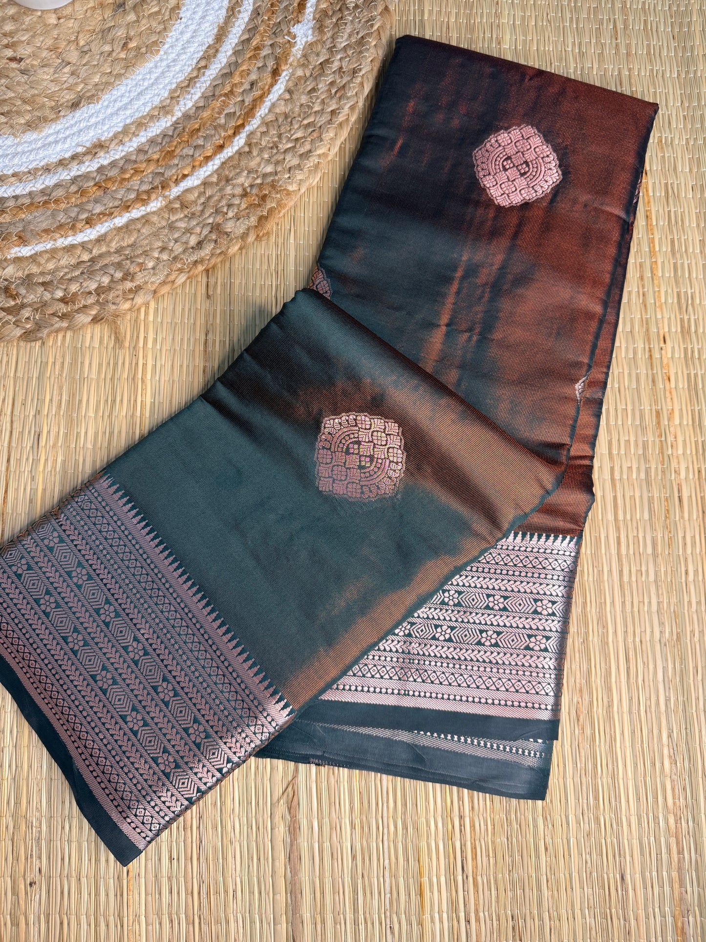 Dark Brown & Teal Silk Saree with Silver Zari Border & Geometric Buttas