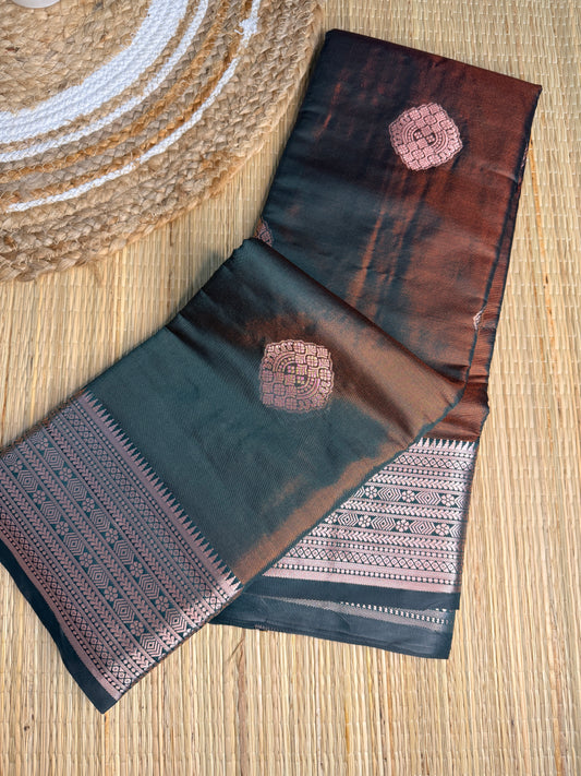 Dark Brown & Teal Silk Saree with Silver Zari Border & Geometric Buttas
