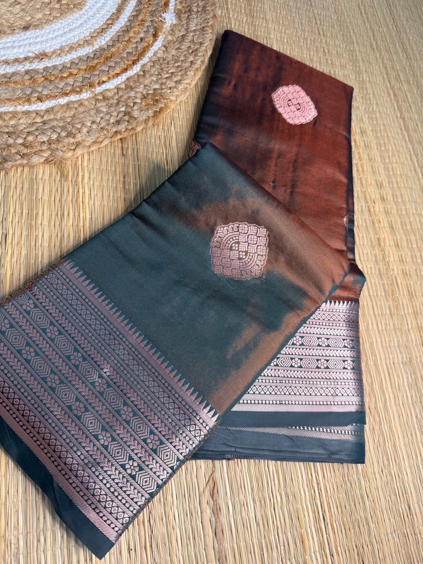 Dark Brown & Teal Silk Saree with Silver Zari Border & Geometric Buttas