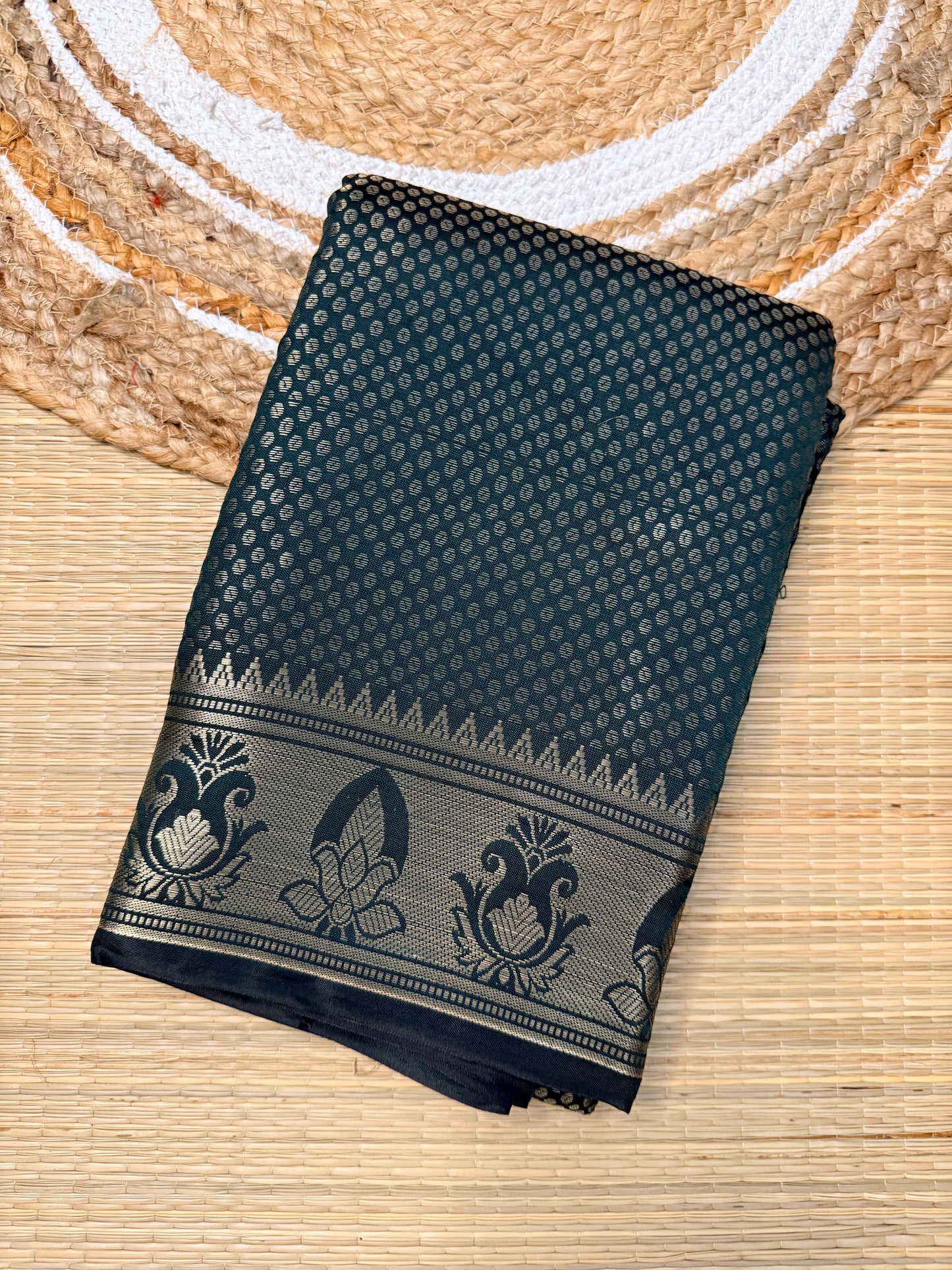 Teal & Black Semi Silk Saree with Silver Zari Jaal & Lotus Border SS101